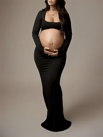 Black Cut Out Mermaid Crop Long Sleeve Backless Bodycon Cocktail Club Party Photoshoot Maternity Maxi Dress Maternity